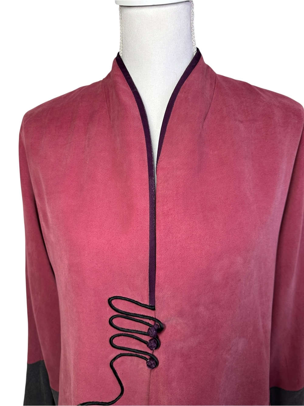 Vintage Chinese Silk Blend Frog Closure Jacket Pink Black Women M - Picture 2 of 12